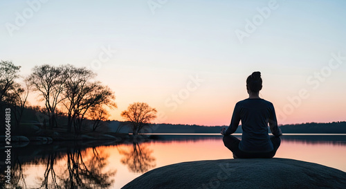 Woman meditating by calm lake during sunset with trees reflected on water surface