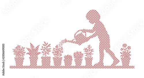 Tableau sur toile Vintage cross stitch embroidery pattern of child watering potted plants, red nee