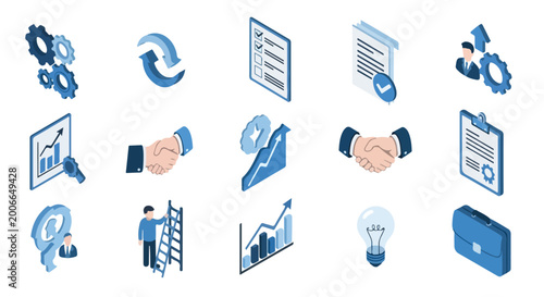 A set of fifteen isometric icons in blue and gray tones illustrating various business concepts like growth, teamwork, and project management.