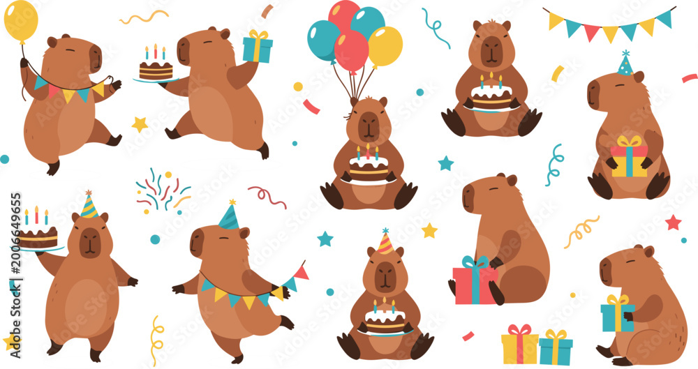 Obraz premium PrintCute cartoon bears celebrating birthday party with cakes balloons gifts confetti and festive decorations seamless vector illustration set