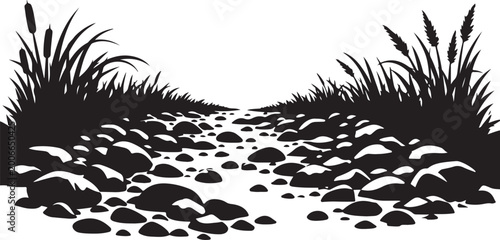 Photos Dry riverbed silhouette with stones and tall shoreline grass silhouette vector