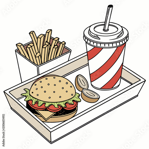 Tableau sur toile Isometric fast food combo meal illustration with a beef cheeseburger salty frenc