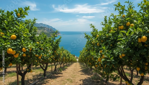 Vibrant Lemon Grove Overlooking the Blue Sea