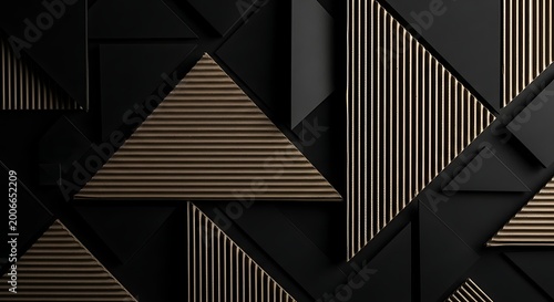 Abstract geometric shapes with gold lines and dark background.