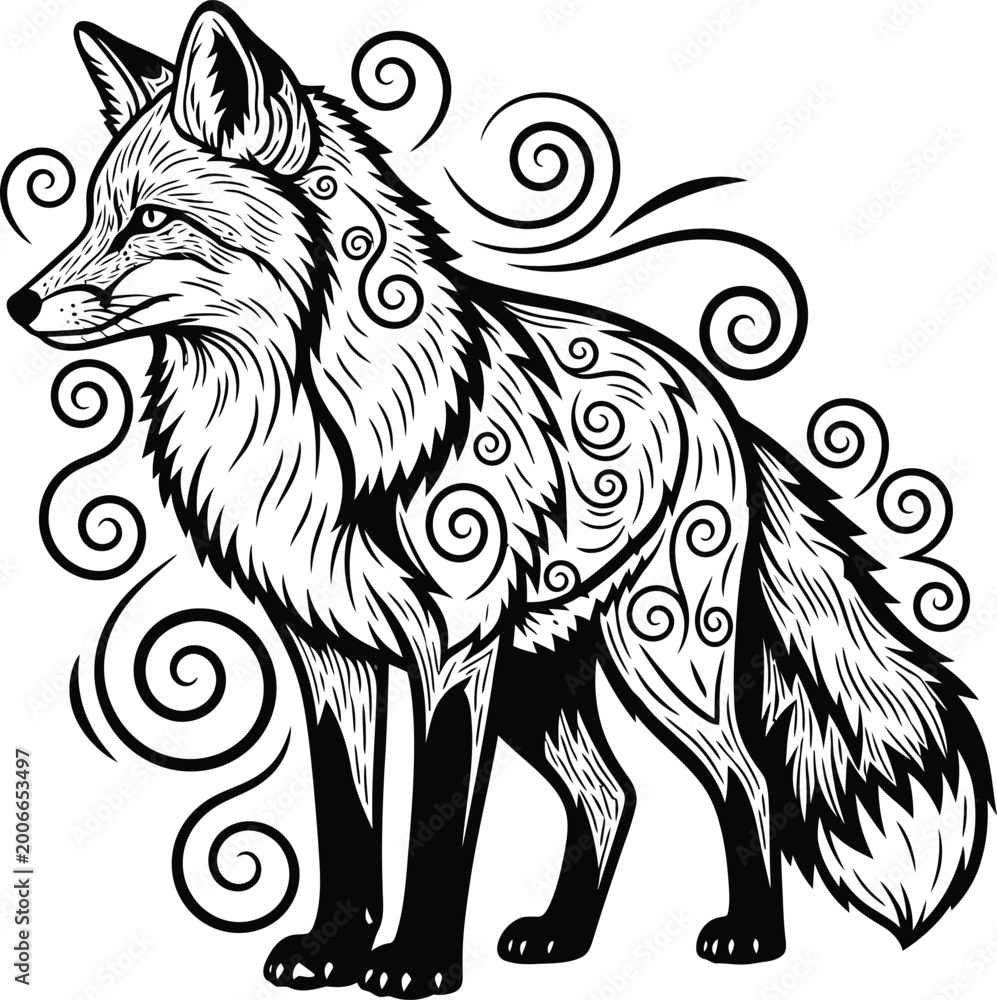 Fototapeta premium Fox Standing with Swirling Patterns Isolated on White