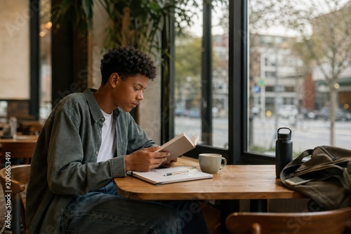 teenage boy reads a paper book in a quiet cafe with smartphone put away, modern gen z lifestyle scene about digital detox, mindfulness, study break and healthy offline habits