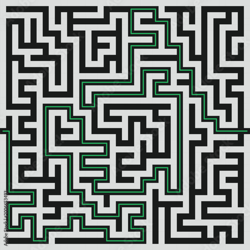 Abstract maze labyrinth pattern with solution path, black and white geometric puzzle design