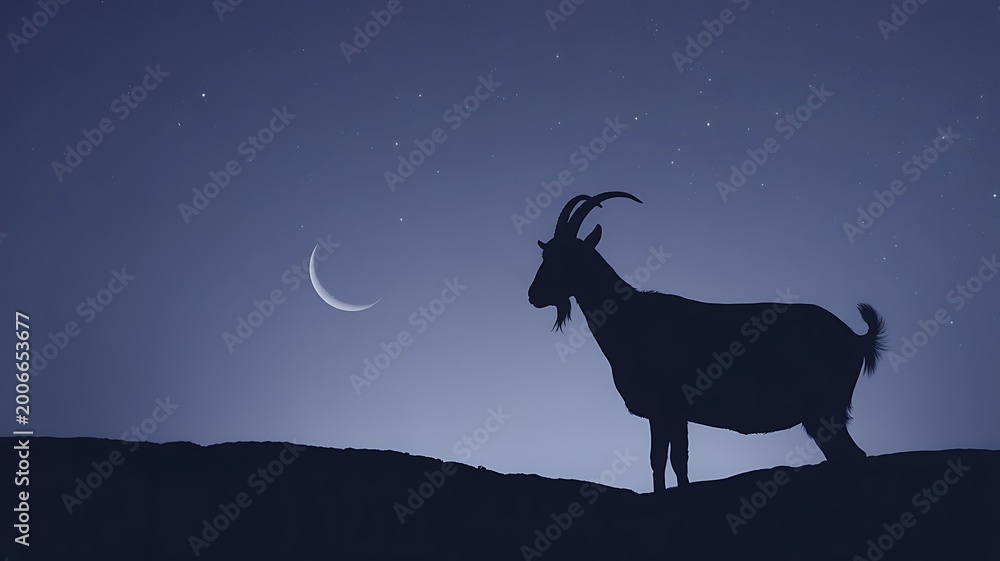 Obraz premium A silhouette of a goat standing on a hill under a crescent moon and starry night sky