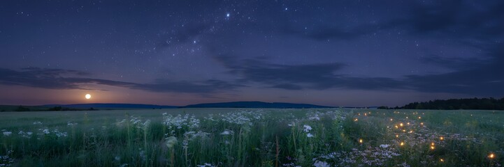 Leinwandbilder Aubergine A serene nighttime landscape with fireflies in a field of wildflowers under a starry sky  © MdAshik
