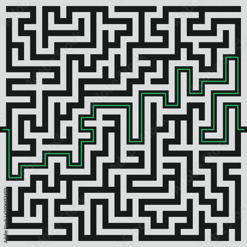 Abstract maze labyrinth pattern with solution path, black and white geometric puzzle design
