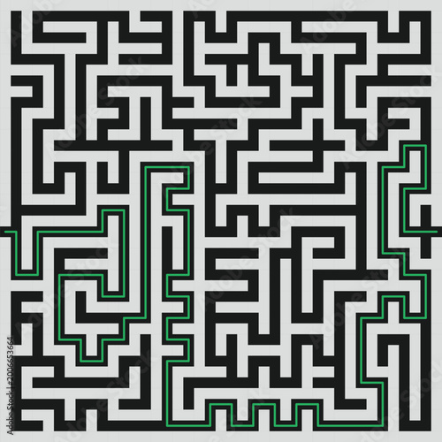 Abstract maze labyrinth pattern with solution path, black and white geometric puzzle design