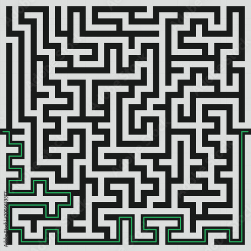 Abstract maze labyrinth pattern with solution path, black and white geometric puzzle design
