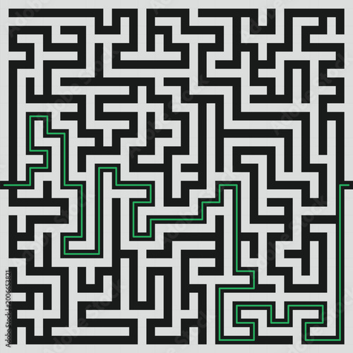 Abstract maze labyrinth pattern with solution path, black and white geometric puzzle design