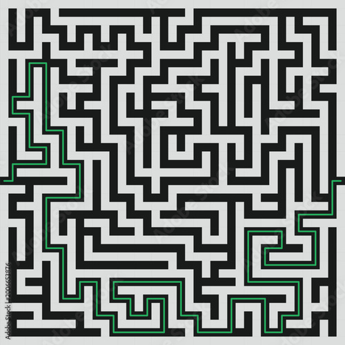 Abstract maze labyrinth pattern with solution path, black and white geometric puzzle design