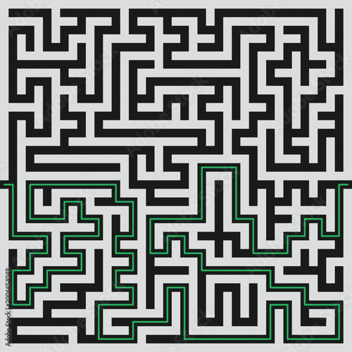 Abstract maze labyrinth pattern with solution path, black and white geometric puzzle design
