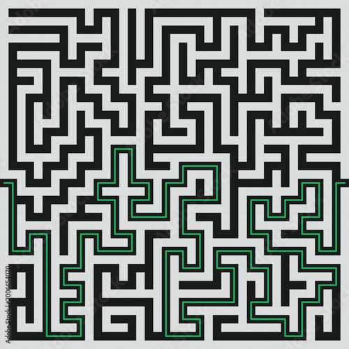 Abstract maze labyrinth pattern with solution path, black and white geometric puzzle design