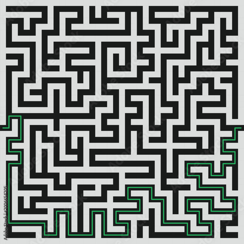 Abstract maze labyrinth pattern with solution path, black and white geometric puzzle design