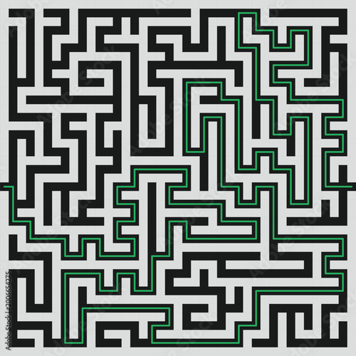 Abstract maze labyrinth pattern with solution path, black and white geometric puzzle design