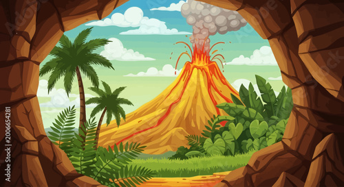 Quadro su tela Volcanic landscape, tropical island, erupting volcano, cave entrance, cartoon il