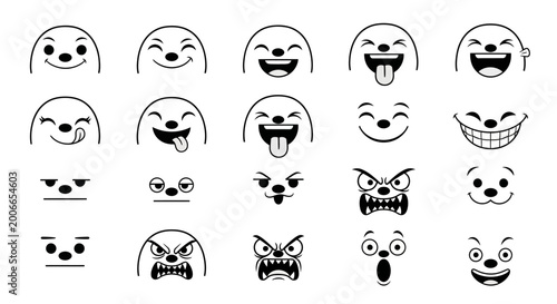 Quadro su tela Funny faces, emoticon icons, black line art, emoticons, expressions