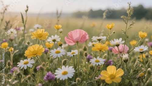 Wildflowers in morning light with soft breeze, shallow depth of field, dreamy atmosphere, no people