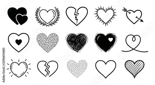 Heart icons, black and white heart shapes, 16 doodle hearts, vector set