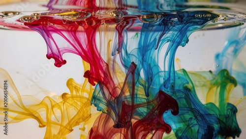 Fluid ink in water, colorful swirls, macro photography style, high detail, no people