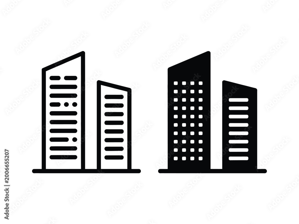 Obraz premium City buildings skyline architecture icon in outline and solid silhouette style featuring urban construction landmarks vector illustration
