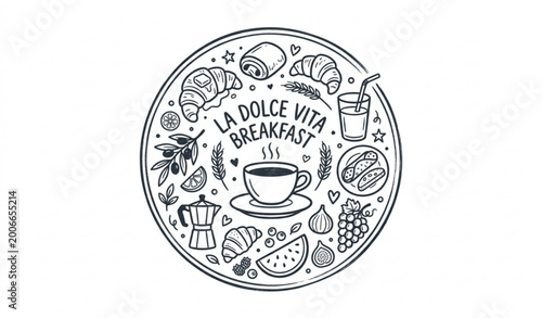 Foto La dolce vita breakfast badge doodle coffee croissant chalk style minimal vector
