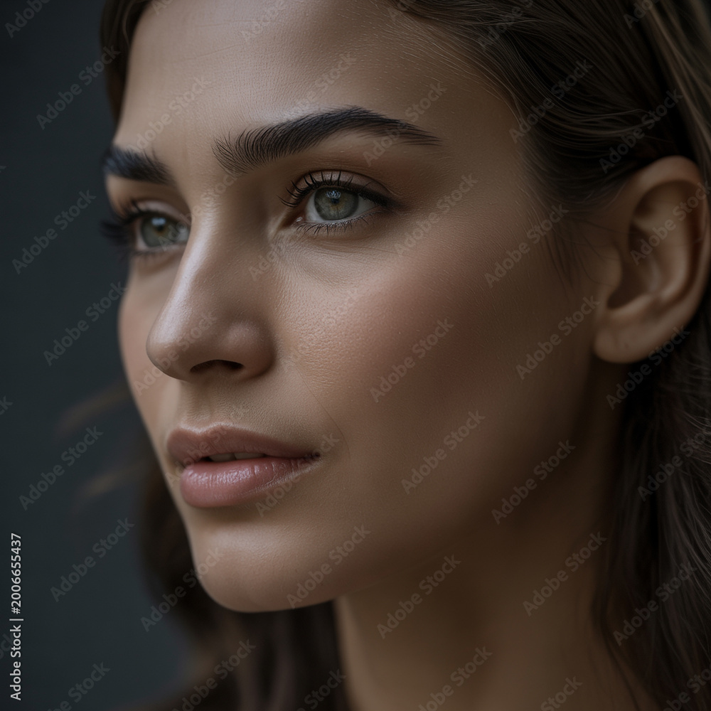 Fototapeta premium Beautiful woman, close-up portrait, brown hair, green eyes, makeup model
