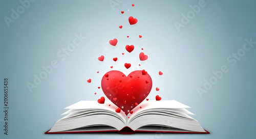 heart emerging from open book with floating hearts