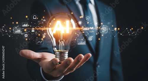 AI innovation and business growth concept with glowing light bulb in businessman hand, digital transformation technology background