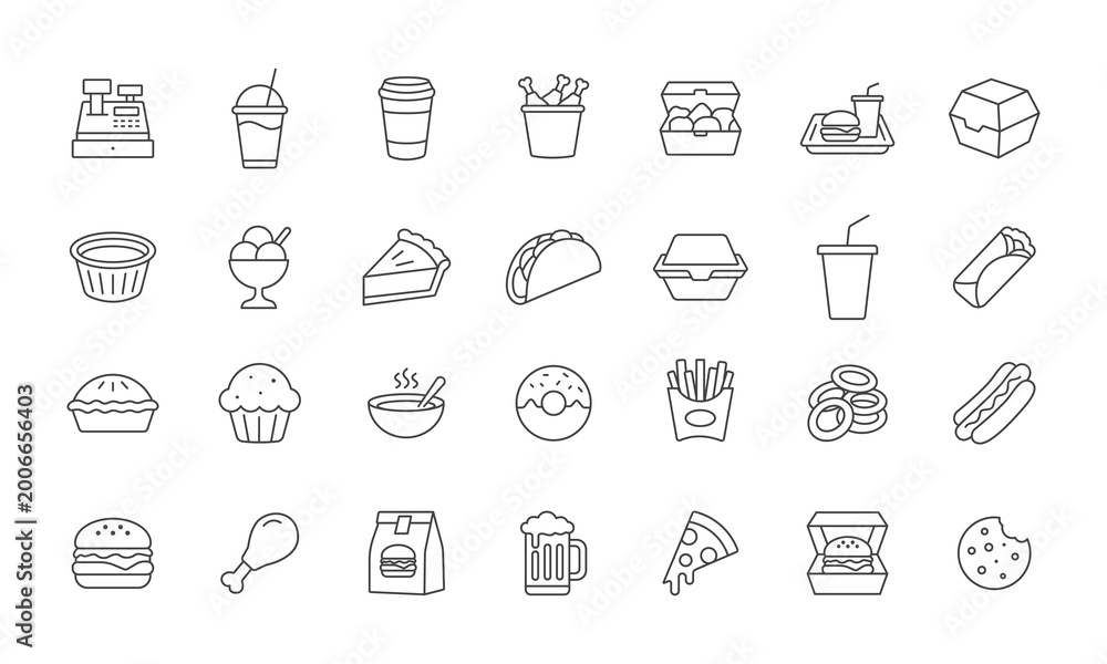 Fototapeta premium Collection Of Pixel Art Fast Food Icons And Symbols On White Background
