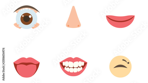 Foto Human Facial Features Collection: A diverse compilation of human facial elements, highlighting the eyes, nose, lips, mouth, and emotive expressions