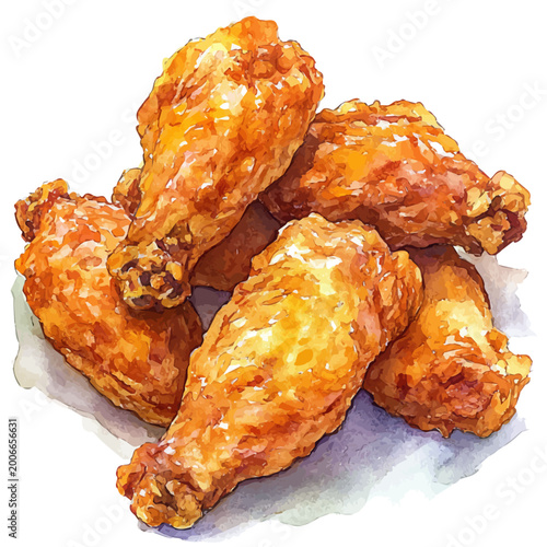 Foto Fried Chicken, vibrant painting vector in watercolor style with playful brushwork and lively colors, isolated on a white background
