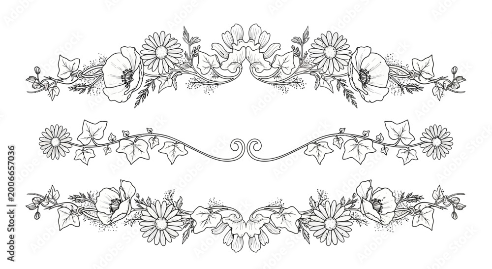 Fototapeta premium Elegant floral border vector designs with intricate flower and leaf illustrations