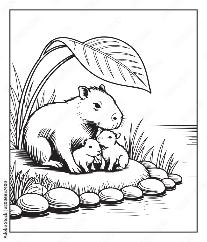 Obraz premium Cute cartoon capybara with its baby hand drawn black line art coloring page for kids, Creative and funny activity book doodle illustration