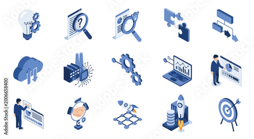 Obraz na plátně This image displays a set of fifteen blue isometric icons representing various business concepts like innovation, analysis, strategy, and technology