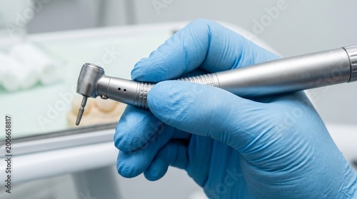 Close up of a gloved hand holding a professional dental drill tool in a clinic
