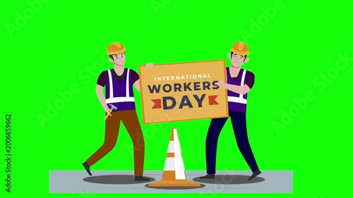 Construction Workers Carrying Workers Day Sign with Safety Cones, Labor Celebration and Unity Animation on Green Screen Background