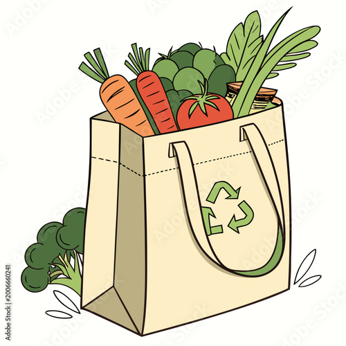 Reusable shopping tote bag with recycle symbol filled with assorted fresh vegetables and fruits eco friendly farmers market waste reduction zero waste hand drawn groceries