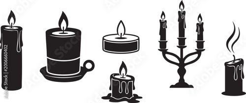 Schilderij op canvas Vintage black and white illustration of various lit candles and holders