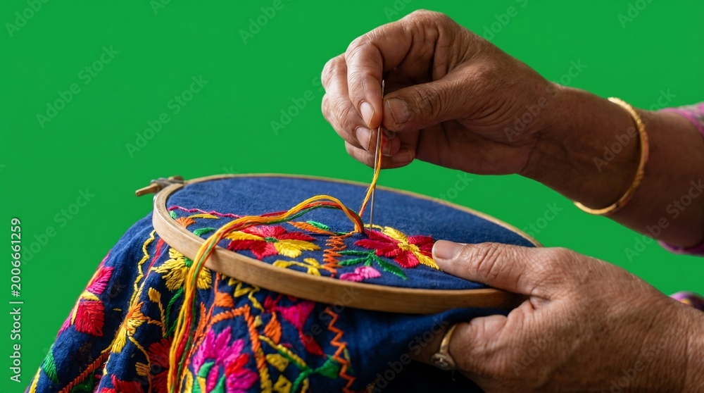 Obraz premium hands weaving colorful threads on embroidery hoop with traditional craftsmanship