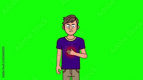 Cartoon Man Experiencing Chest Pain, Heart Attack or Heartburn Animation on Green Screen Background for Medical Emergency Concept