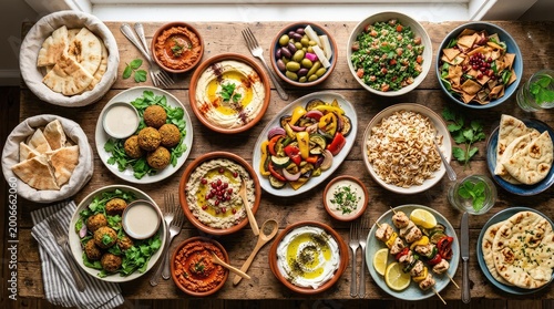 Overhead view of a vibrant and diverse mediterranean feast