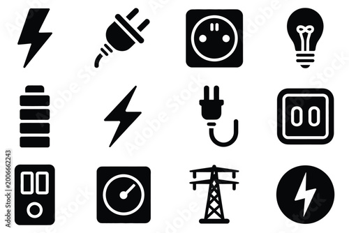 Electrical energy supply and power infrastructure icon collection featuring lightning bolts plugs sockets light bulbs batteries electric grids and voltage meters