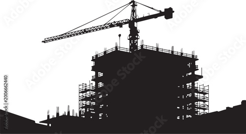 Black silhouette of a construction site with a crane