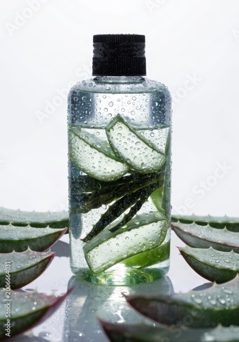 Shampoo bottle without graphics on a clean surface with aloe vera, green tea, and glossy highlights
