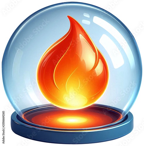 A shiny orange flame floating inside a transparent glass dome, smooth highlights, 3D cartoon style