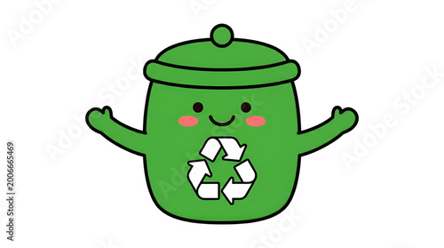 Green cartoon character with recycling symbol on his head and arms standing.